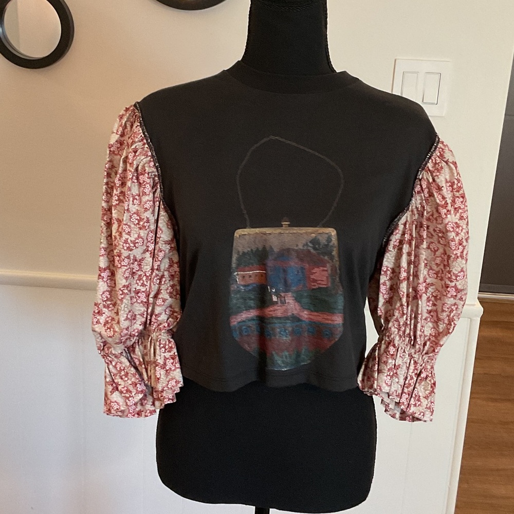 Zephyr Black Crop Top with Pink Floral Sleeves